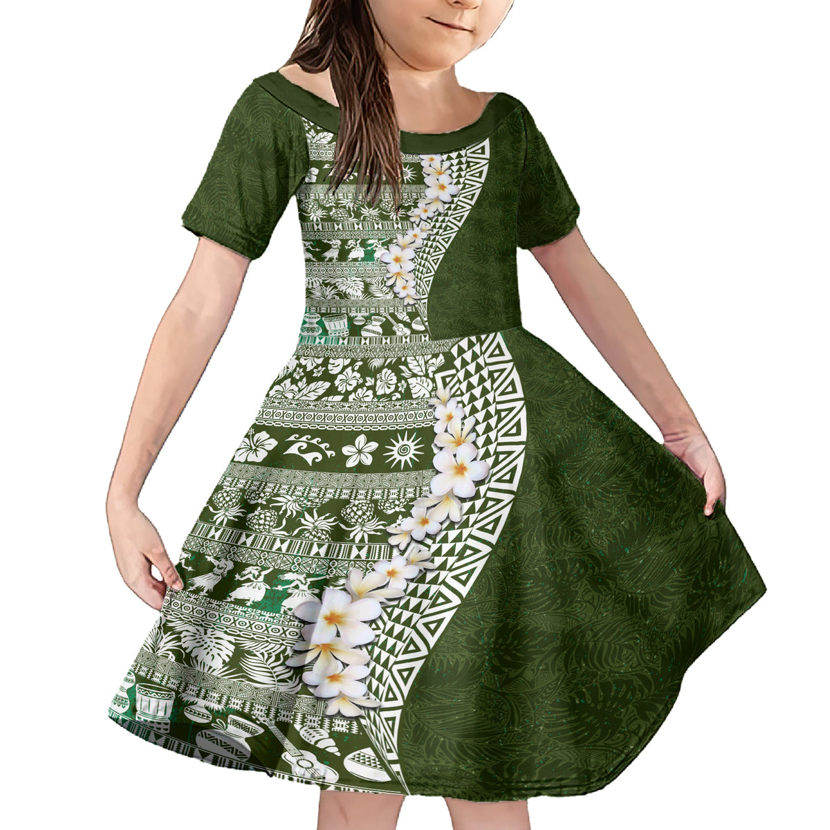 Hawaii Plumeria Tribal Vintage Family Matching Short Sleeve Bodycon Dress and Hawaiian Shirt Special Green