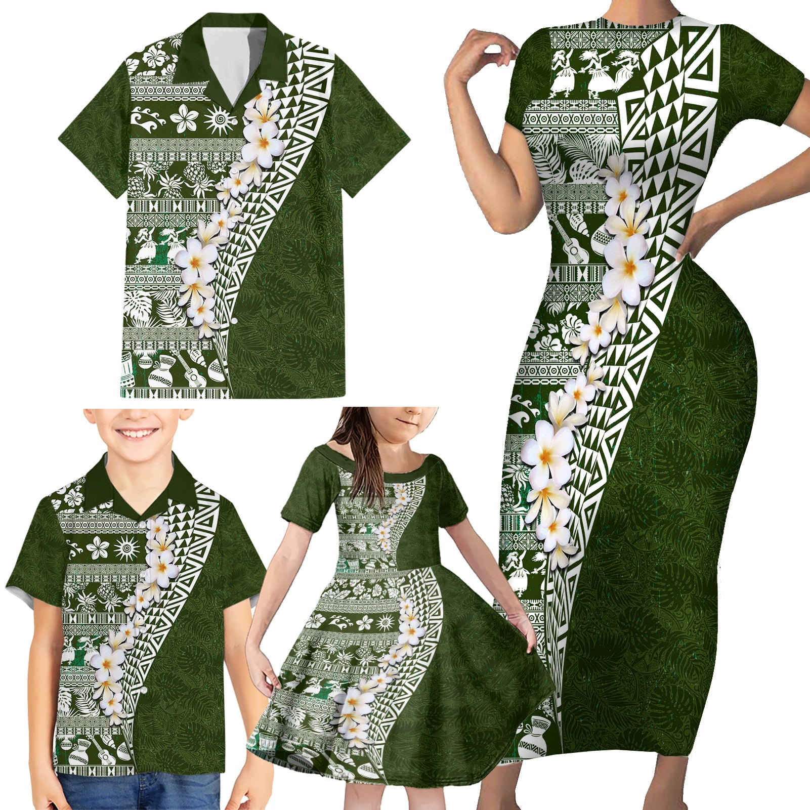 Hawaii Plumeria Tribal Vintage Family Matching Short Sleeve Bodycon Dress and Hawaiian Shirt Special Green