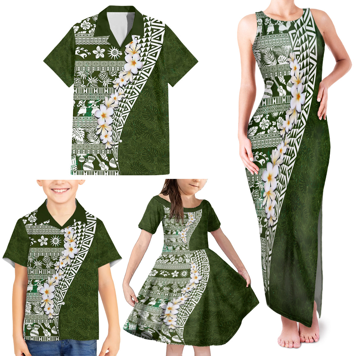 Hawaii Plumeria Tribal Vintage Family Matching Tank Maxi Dress and Hawaiian Shirt Special Green