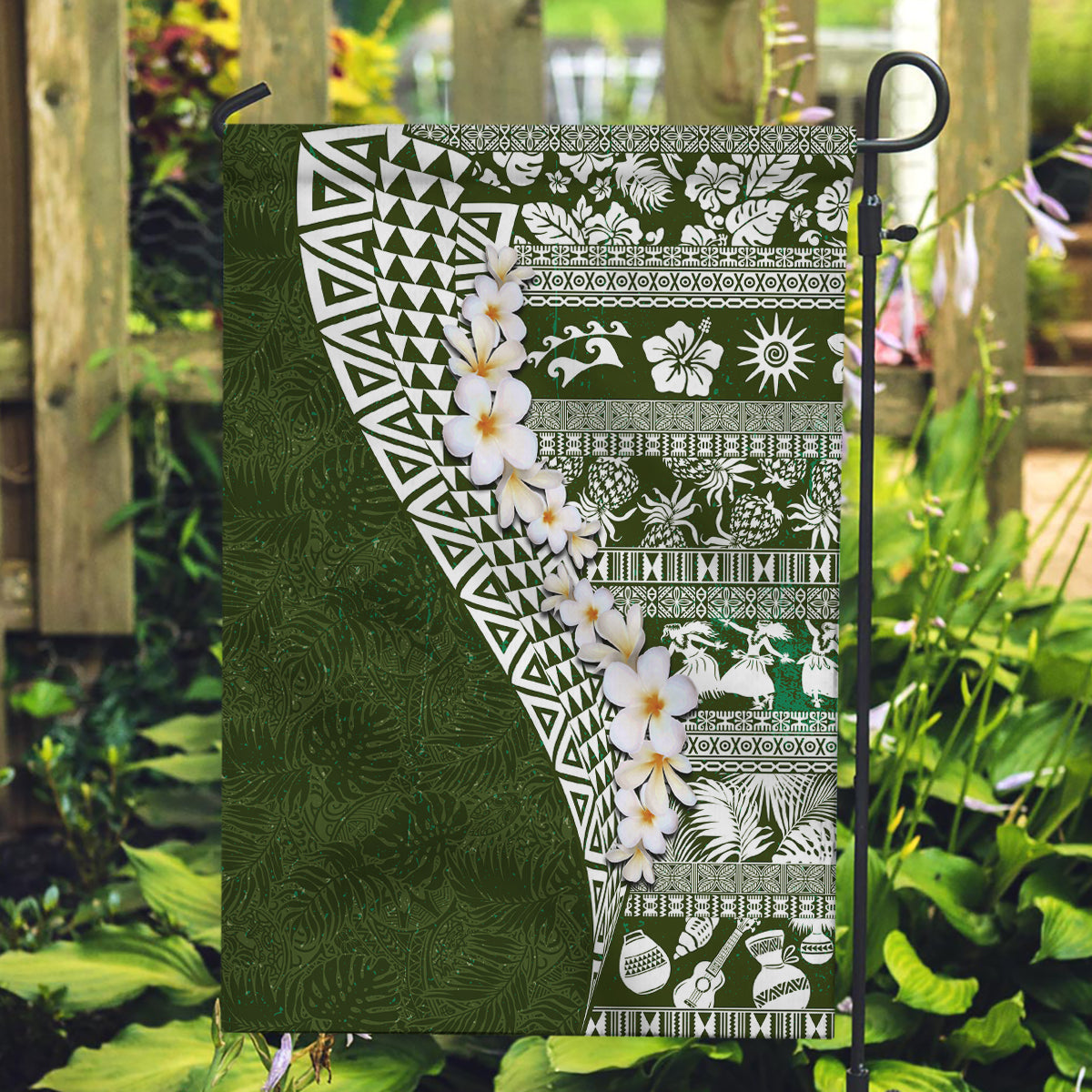 Hawaii Plumeria Tribal Vintage Garden Flag Special Green