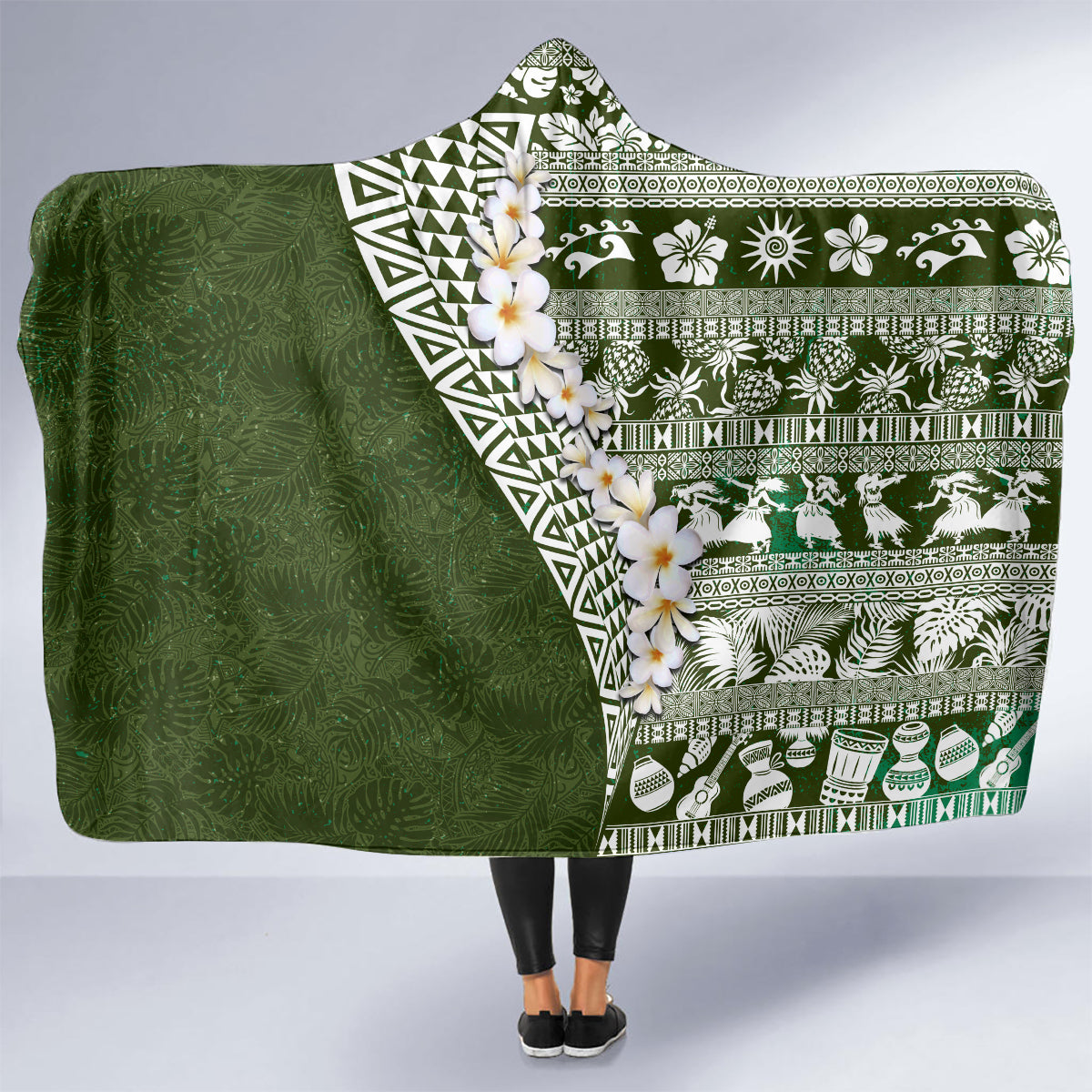 Hawaii Plumeria Tribal Vintage Hooded Blanket Special Green LT03 - Polynesian Pride
