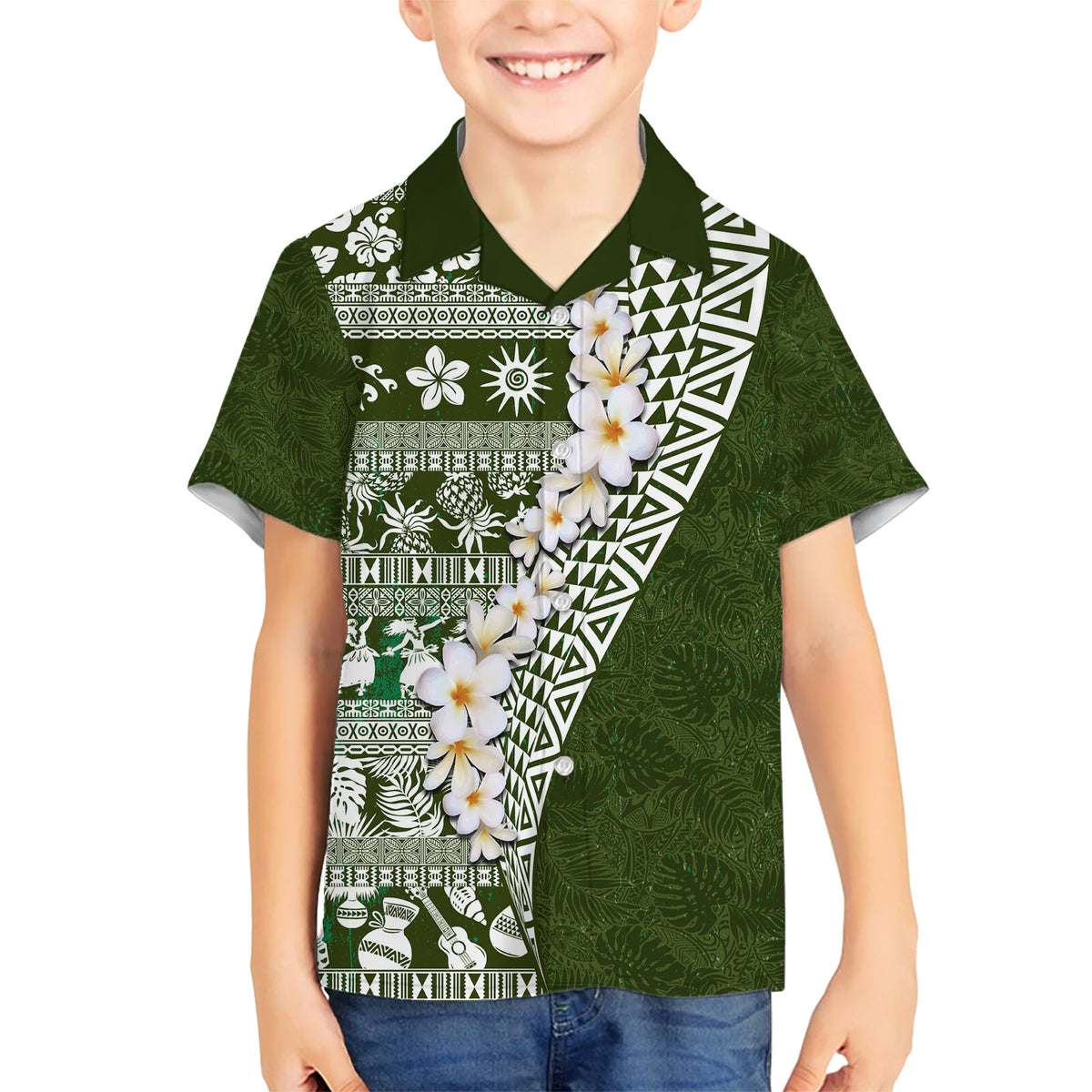 Hawaii Plumeria Tribal Vintage Kid Hawaiian Shirt Special Green LT03 Kid Green - Polynesian Pride