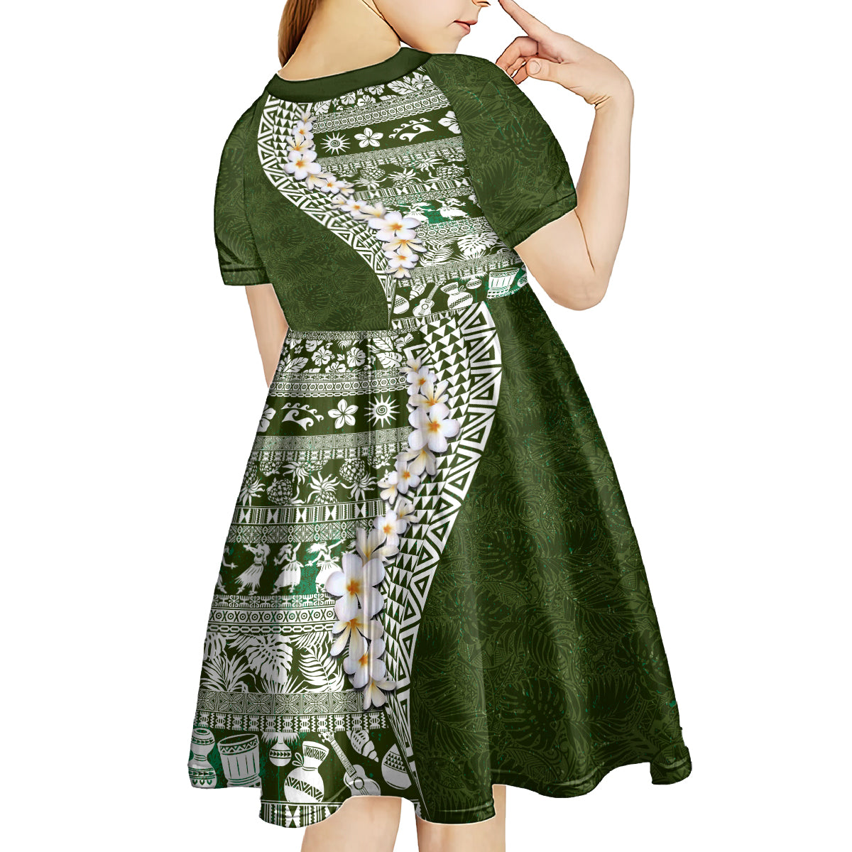 Hawaii Plumeria Tribal Vintage Kid Short Sleeve Dress Special Green LT03 - Polynesian Pride