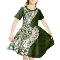 Hawaii Plumeria Tribal Vintage Kid Short Sleeve Dress Special Green LT03 - Polynesian Pride