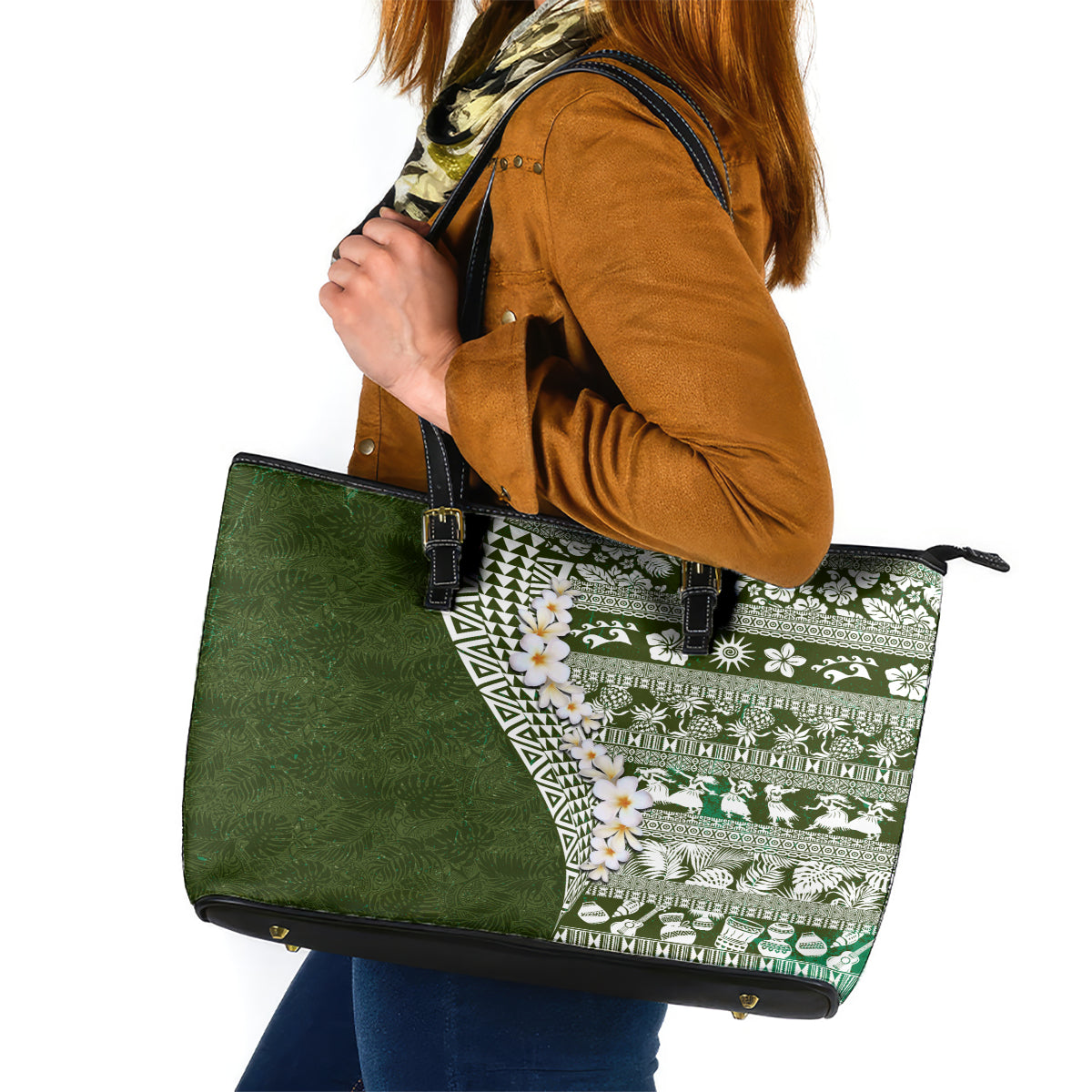 Hawaii Plumeria Tribal Vintage Leather Tote Bag Special Green LT03 Green - Polynesian Pride