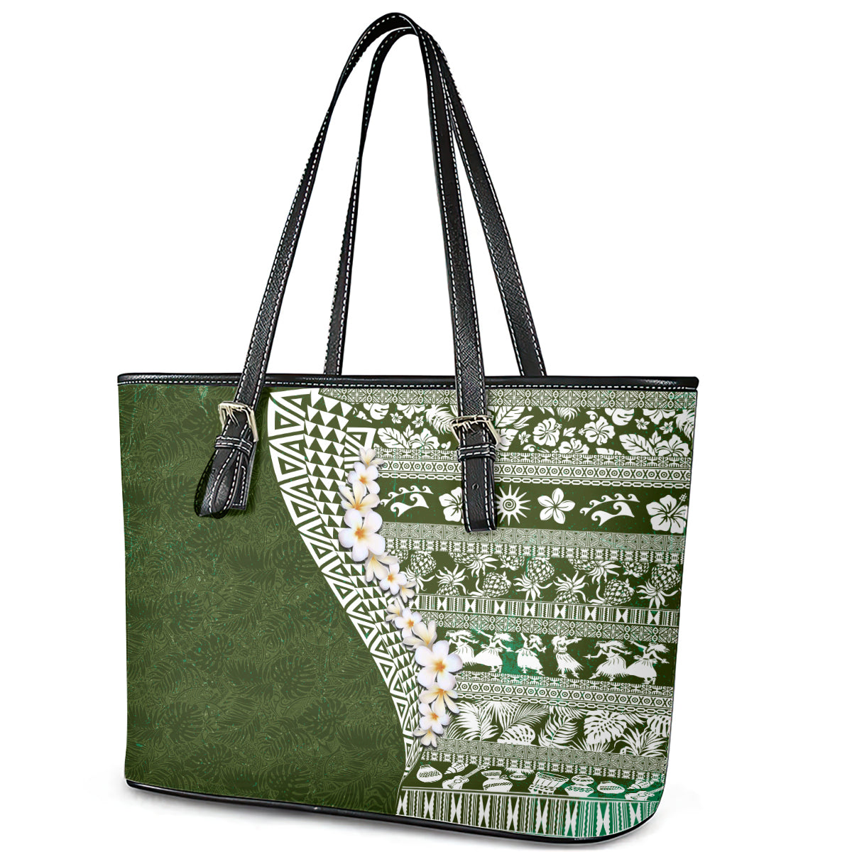 Hawaii Plumeria Tribal Vintage Leather Tote Bag Special Green LT03 - Polynesian Pride