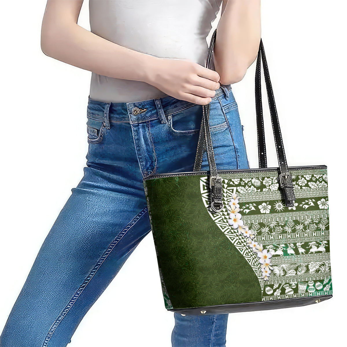 Hawaii Plumeria Tribal Vintage Leather Tote Bag Special Green LT03 - Polynesian Pride