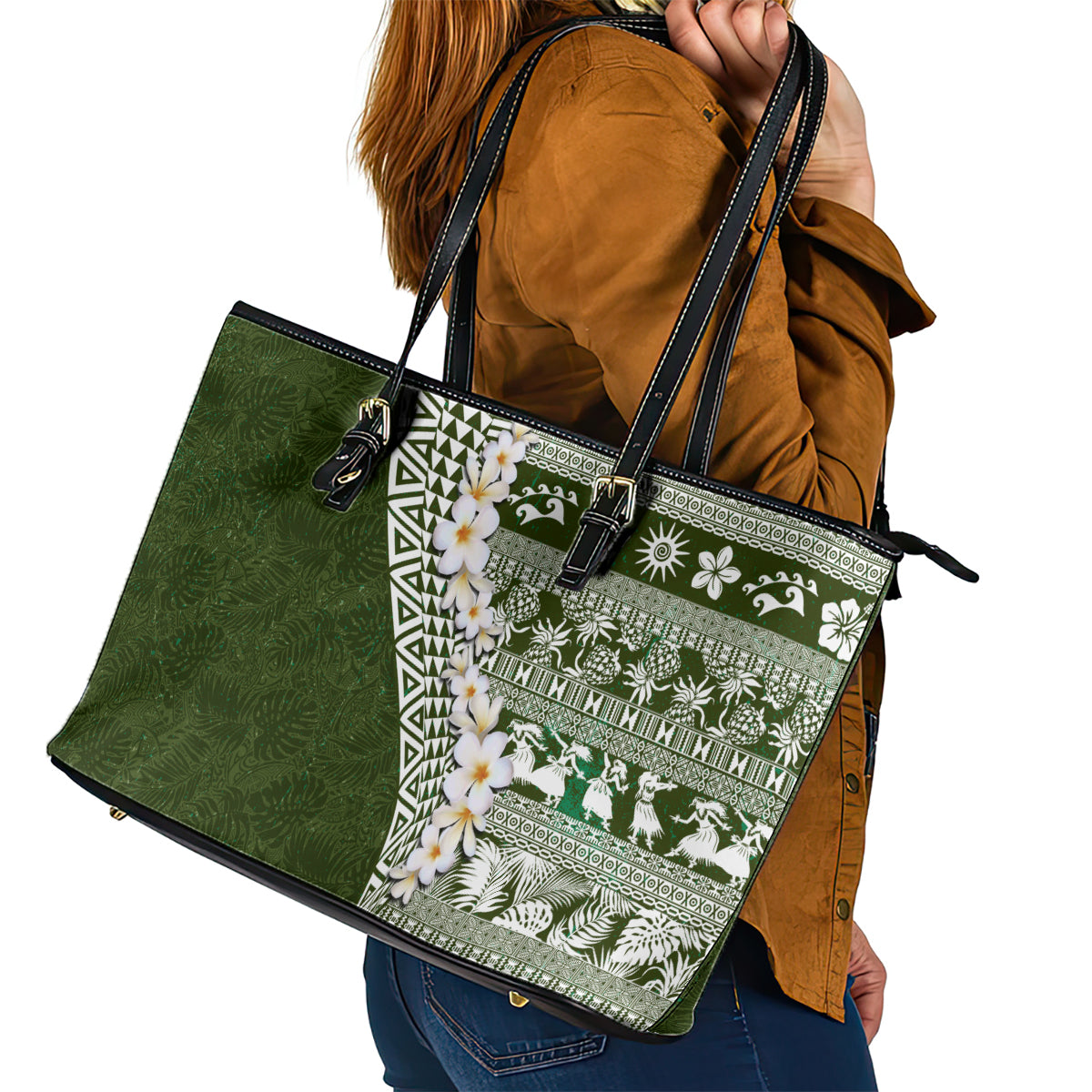 Hawaii Plumeria Tribal Vintage Leather Tote Bag Special Green LT03 - Polynesian Pride
