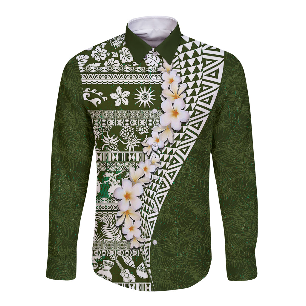 Hawaii Plumeria Tribal Vintage Long Sleeve Button Shirt Special Green