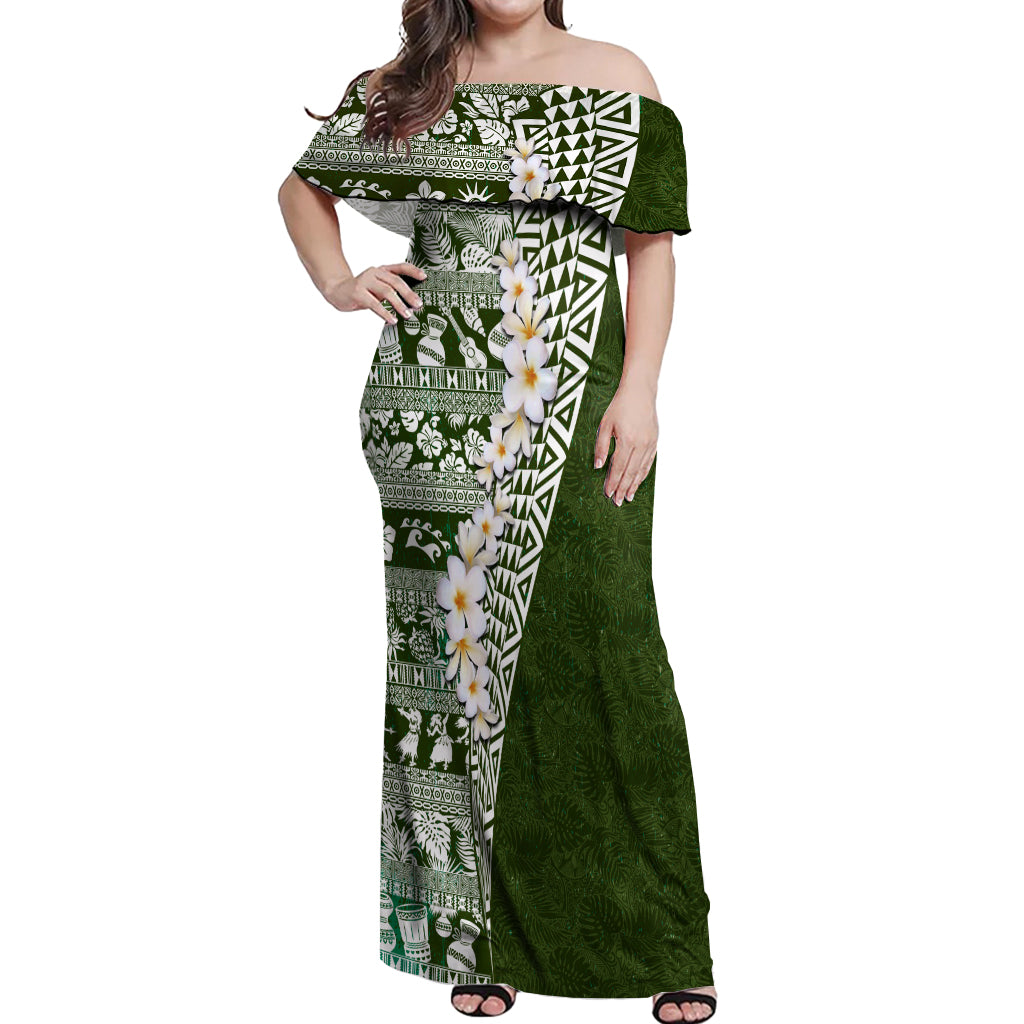 Hawaii Plumeria Tribal Vintage Off Shoulder Maxi Dress Special Green LT03 Women Green - Polynesian Pride