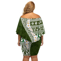 Hawaii Plumeria Tribal Vintage Off Shoulder Short Dress Special Green LT03 - Polynesian Pride
