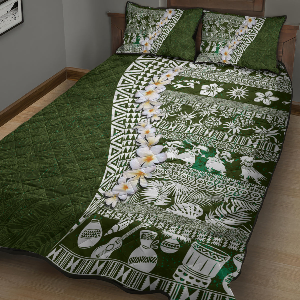 Hawaii Plumeria Tribal Vintage Quilt Bed Set Special Green LT03 - Polynesian Pride