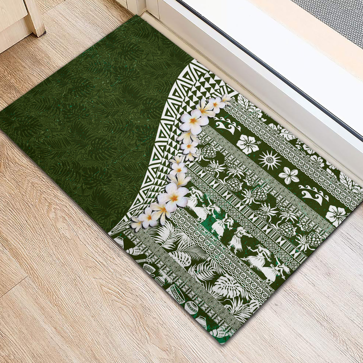 Hawaii Plumeria Tribal Vintage Rubber Doormat Special Green