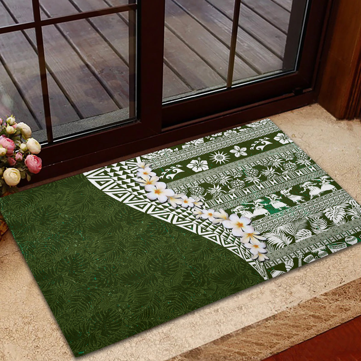 Hawaii Plumeria Tribal Vintage Rubber Doormat Special Green