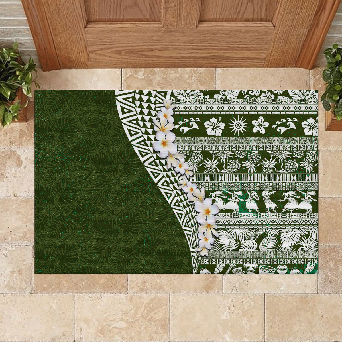 Hawaii Plumeria Tribal Vintage Rubber Doormat Special Green