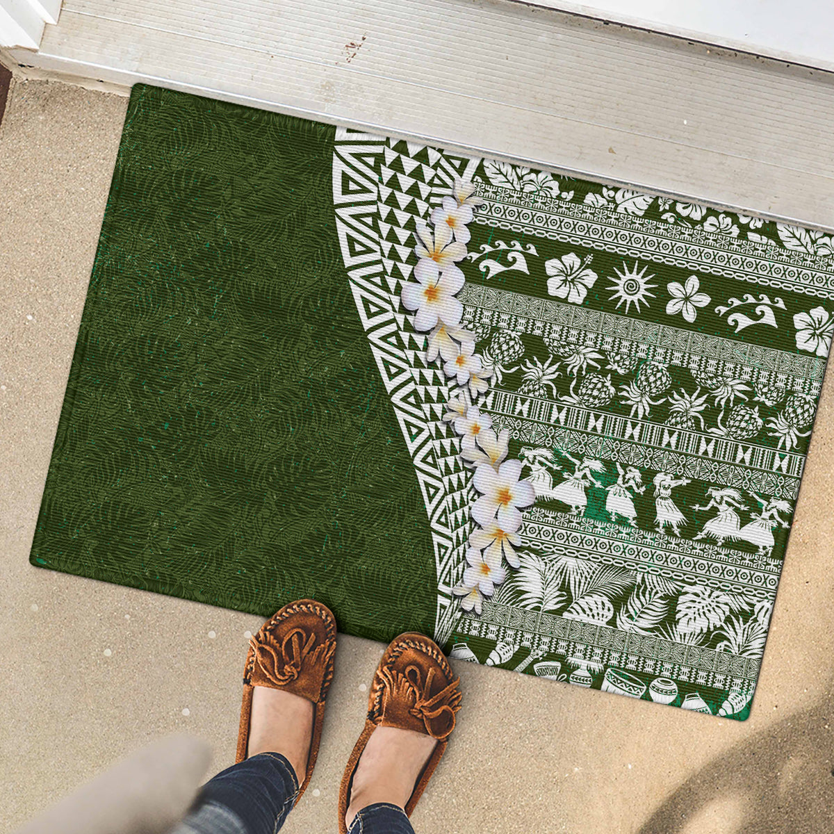 Hawaii Plumeria Tribal Vintage Rubber Doormat Special Green
