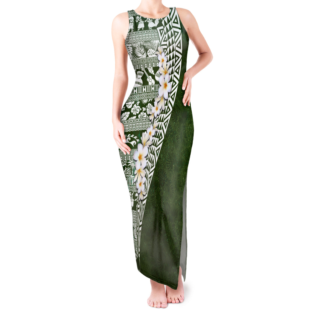 Hawaii Plumeria Tribal Vintage Tank Maxi Dress Special Green