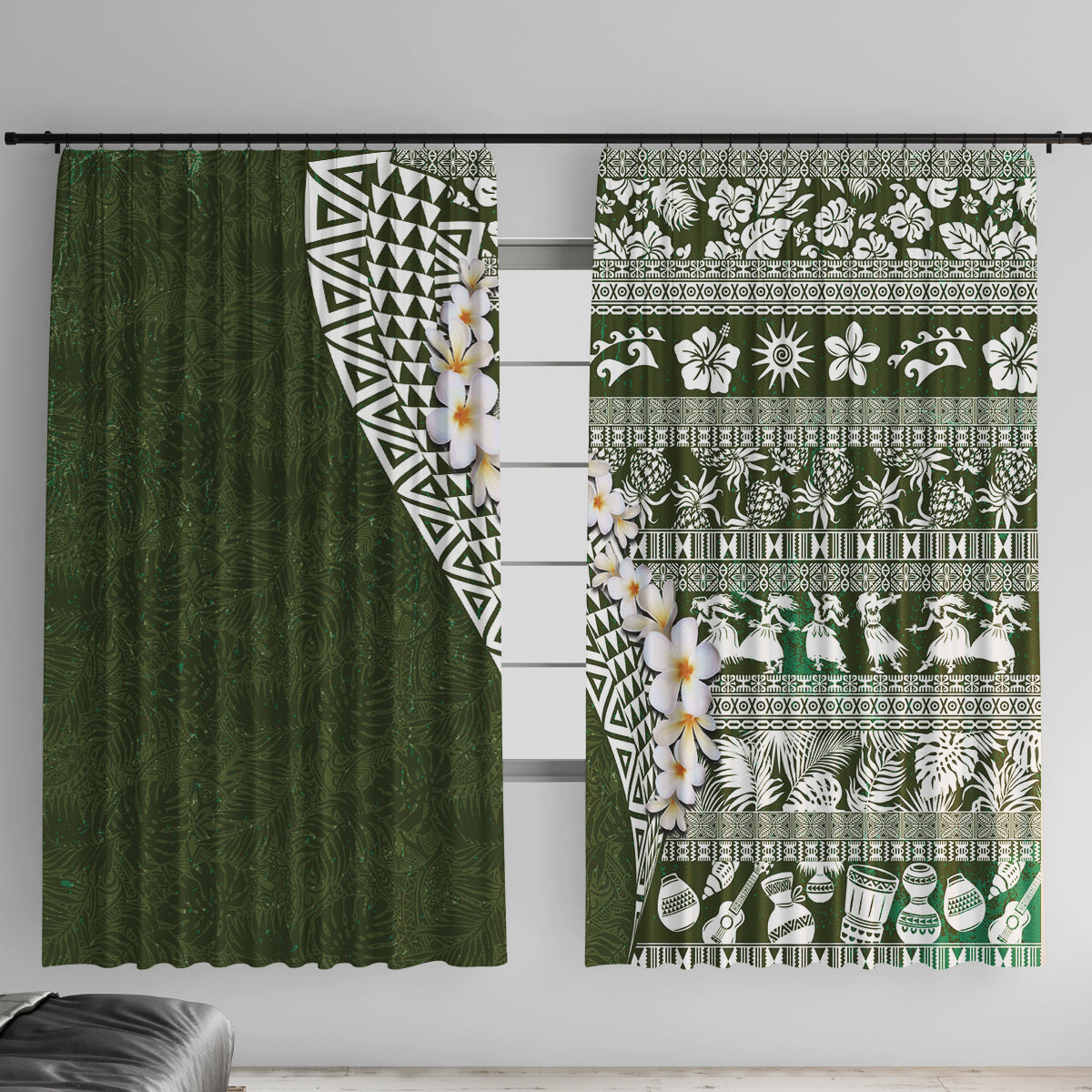 Hawaii Plumeria Tribal Vintage Window Curtain Special Green LT03 With Hooks Green - Polynesian Pride