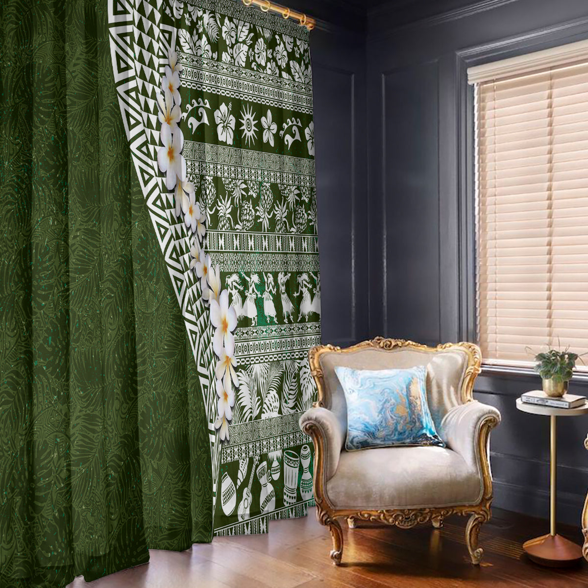 Hawaii Plumeria Tribal Vintage Window Curtain Special Green LT03 - Polynesian Pride