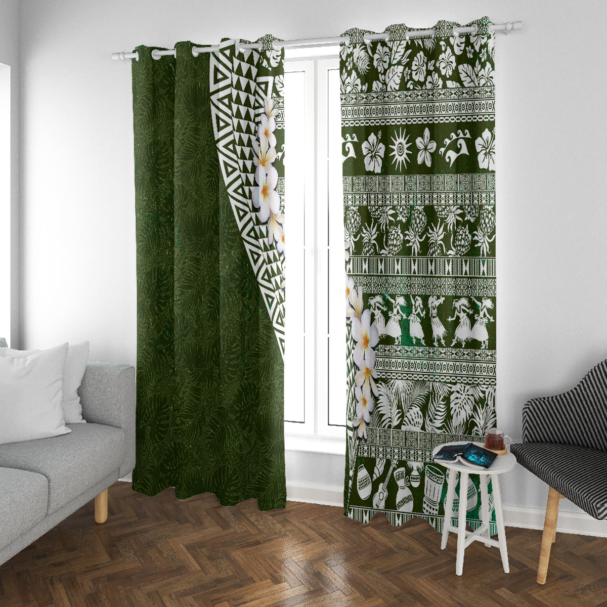 Hawaii Plumeria Tribal Vintage Window Curtain Special Green LT03 With Grommets Green - Polynesian Pride