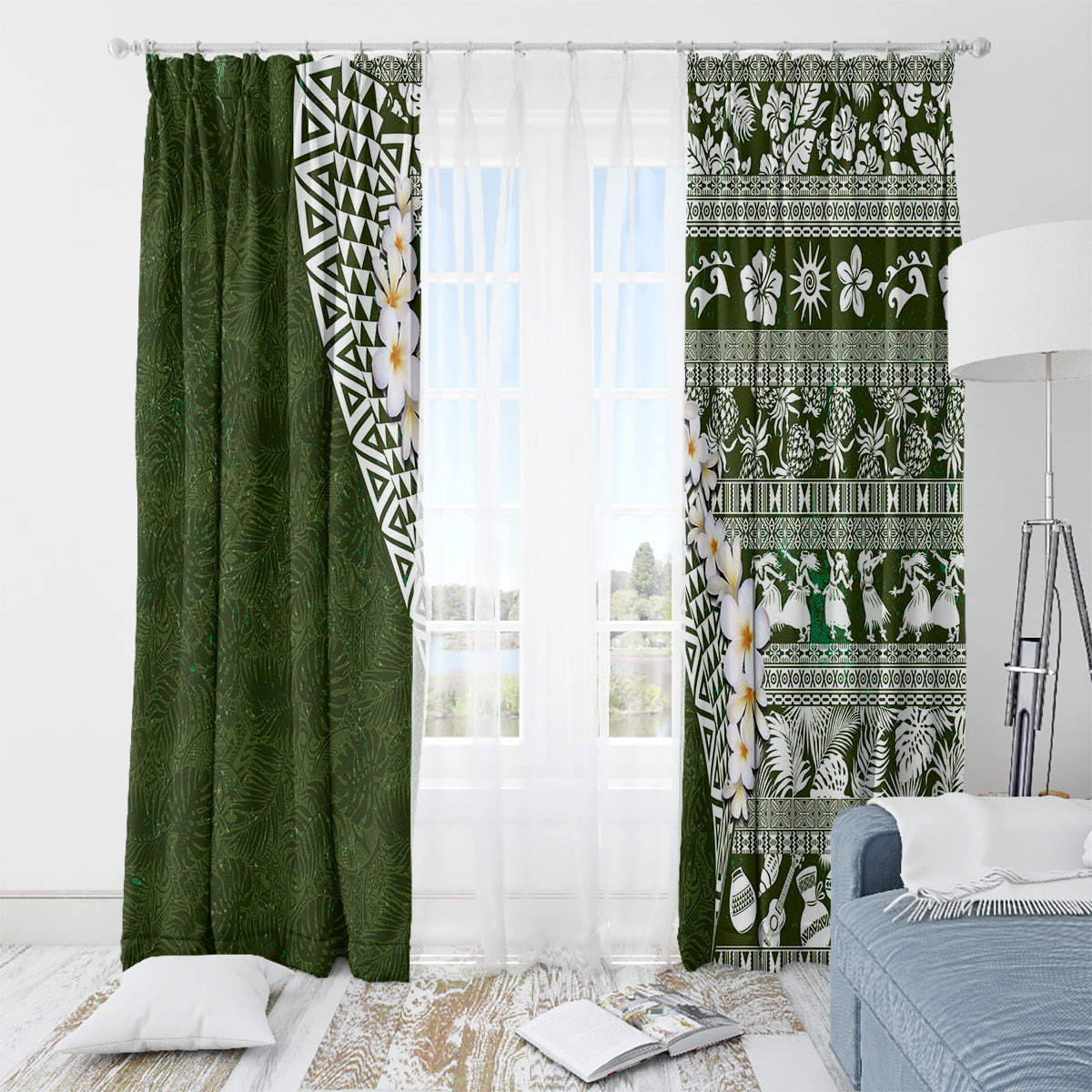 Hawaii Plumeria Tribal Vintage Window Curtain Special Green LT03 - Polynesian Pride