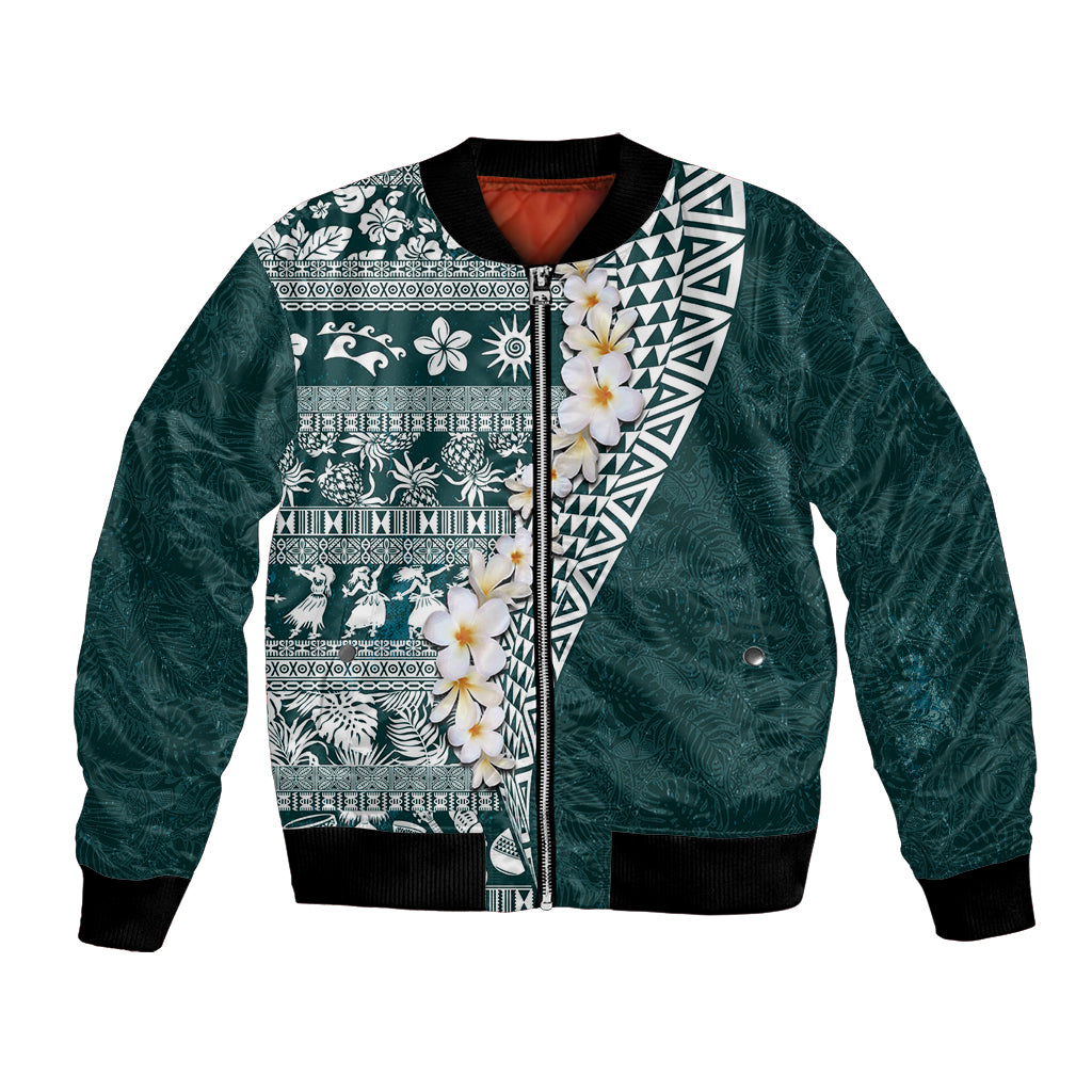 Hawaii Plumeria Tribal Vintage Bomber Jacket Special Turquoise LT03 Unisex Turquoise - Polynesian Pride