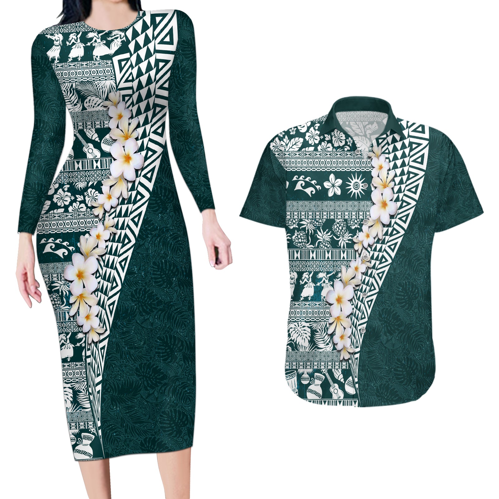 Hawaii Plumeria Tribal Vintage Couples Matching Long Sleeve Bodycon Dress and Hawaiian Shirt Special Turquoise LT03 Turquoise - Polynesian Pride