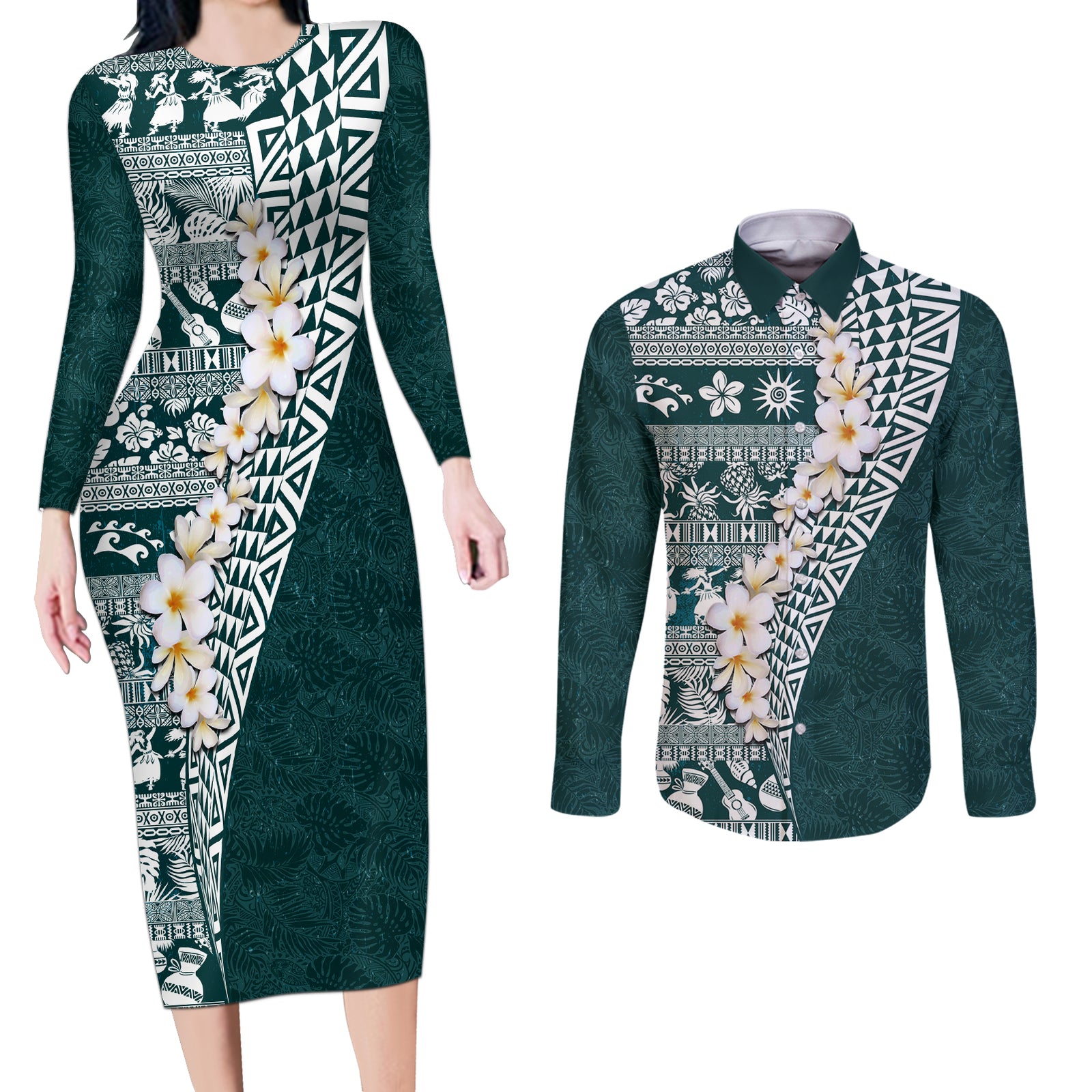 Hawaii Plumeria Tribal Vintage Couples Matching Long Sleeve Bodycon Dress and Long Sleeve Button Shirt Special Turquoise LT03 Turquoise - Polynesian Pride