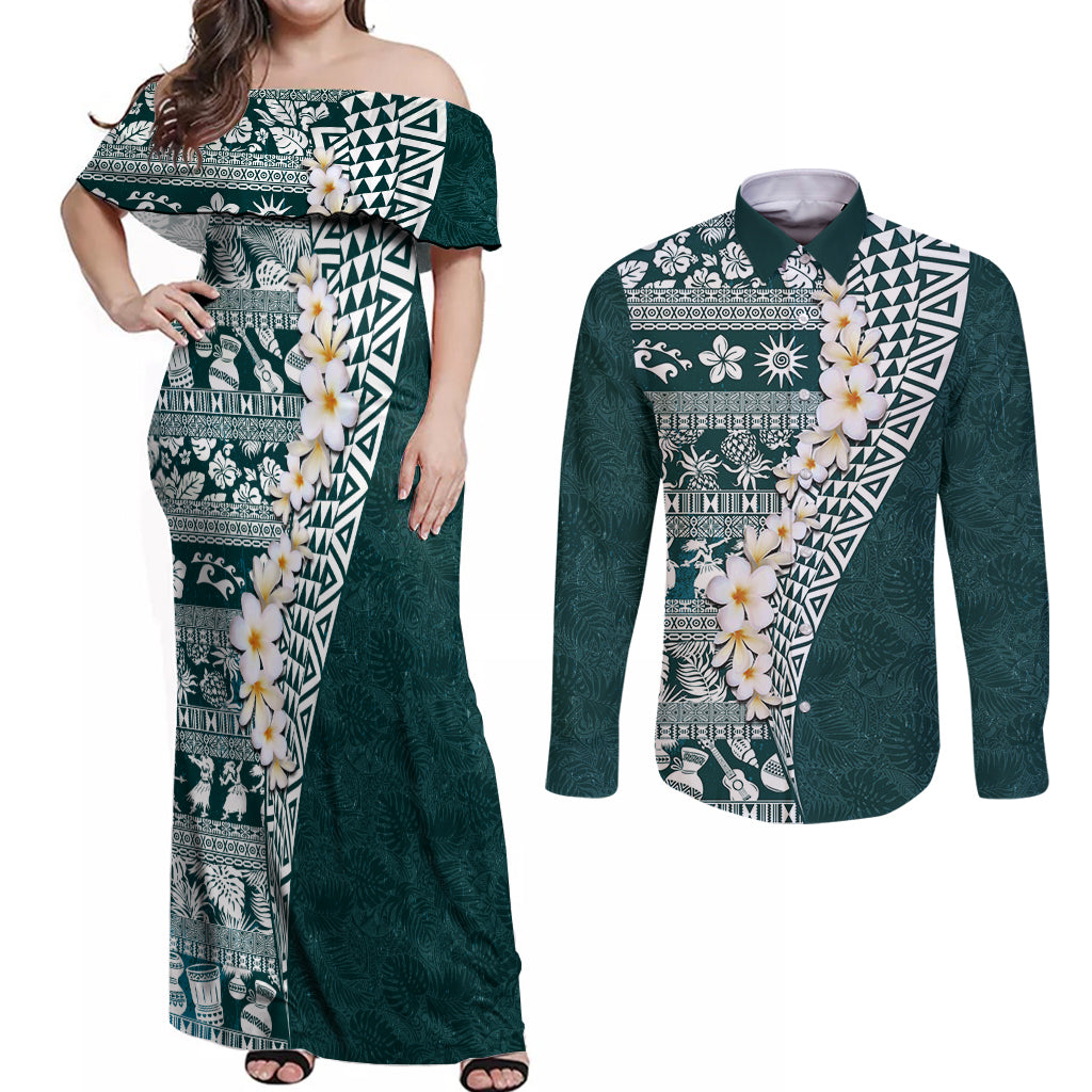 Hawaii Plumeria Tribal Vintage Couples Matching Off Shoulder Maxi Dress and Long Sleeve Button Shirt Special Turquoise LT03 Turquoise - Polynesian Pride