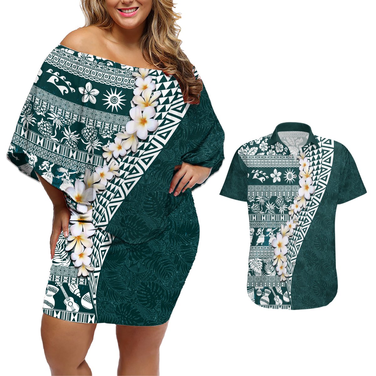 Hawaii Plumeria Tribal Vintage Couples Matching Off Shoulder Short Dress and Hawaiian Shirt Special Turquoise LT03 Turquoise - Polynesian Pride