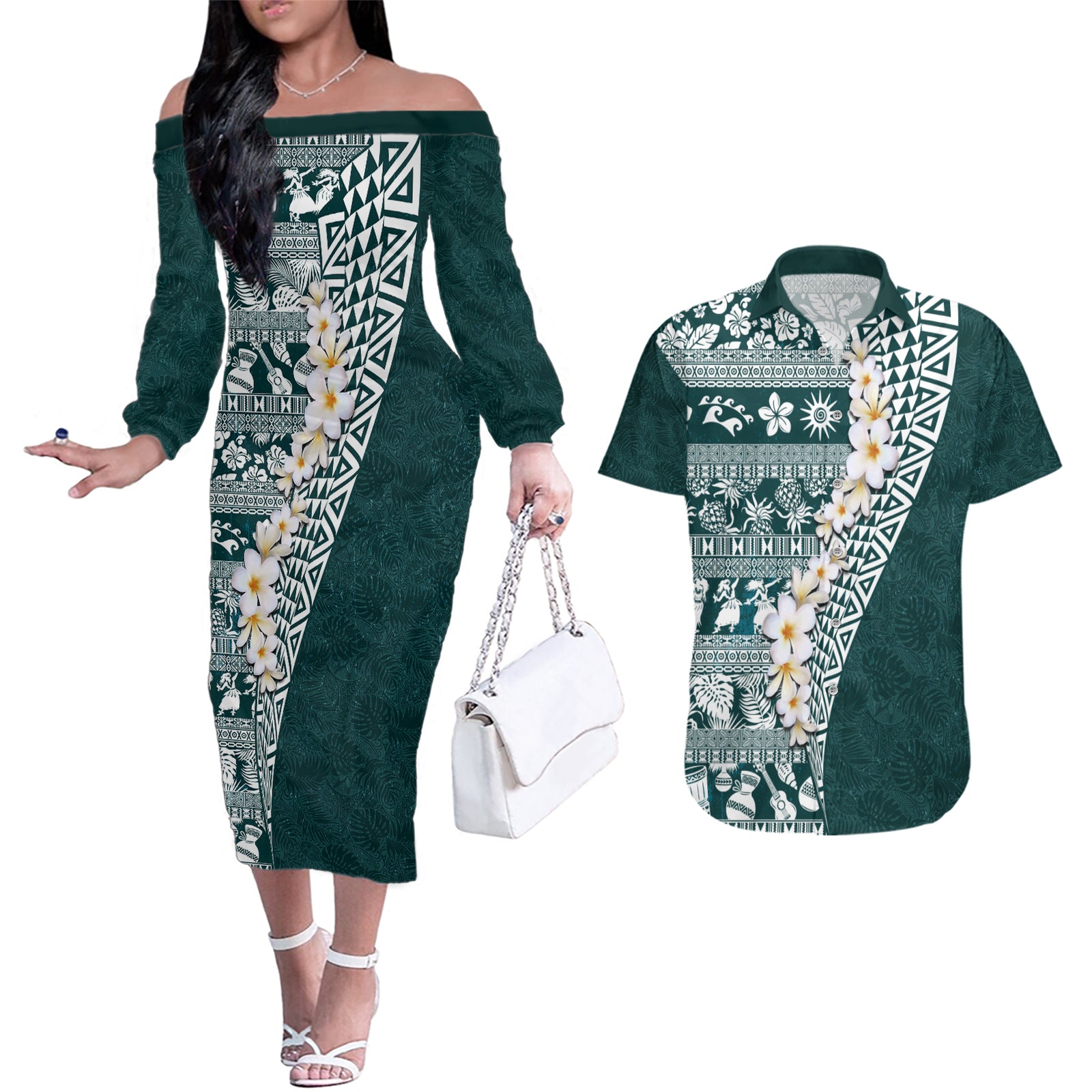 Hawaii Plumeria Tribal Vintage Couples Matching Off The Shoulder Long Sleeve Dress and Hawaiian Shirt Special Turquoise LT03 Turquoise - Polynesian Pride