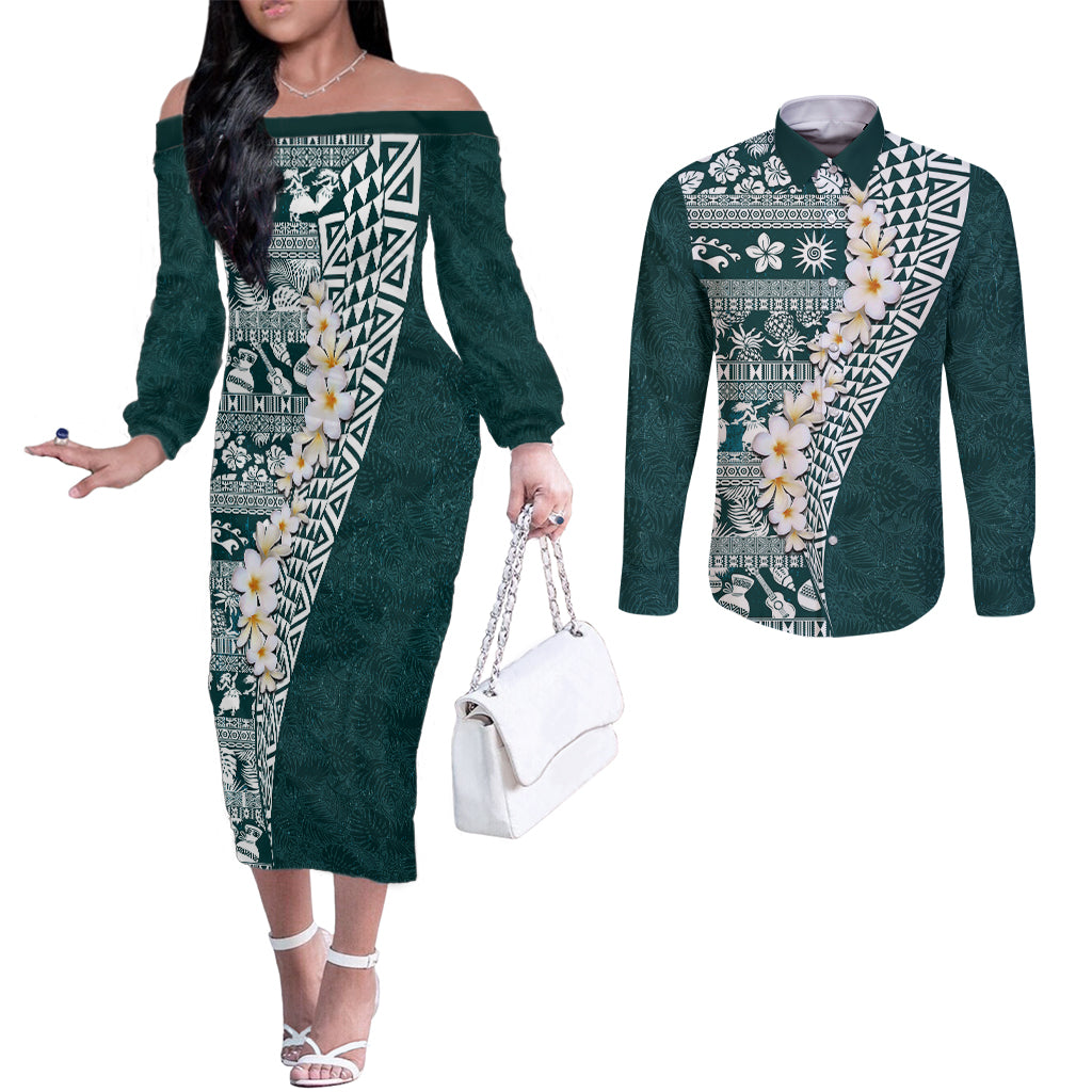 Hawaii Plumeria Tribal Vintage Couples Matching Off The Shoulder Long Sleeve Dress and Long Sleeve Button Shirt Special Turquoise