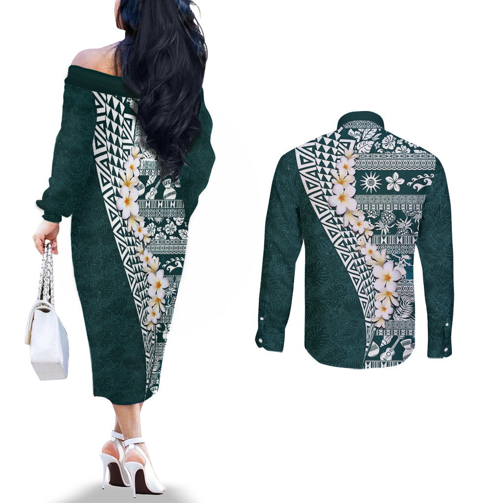 Hawaii Plumeria Tribal Vintage Couples Matching Off The Shoulder Long Sleeve Dress and Long Sleeve Button Shirt Special Turquoise