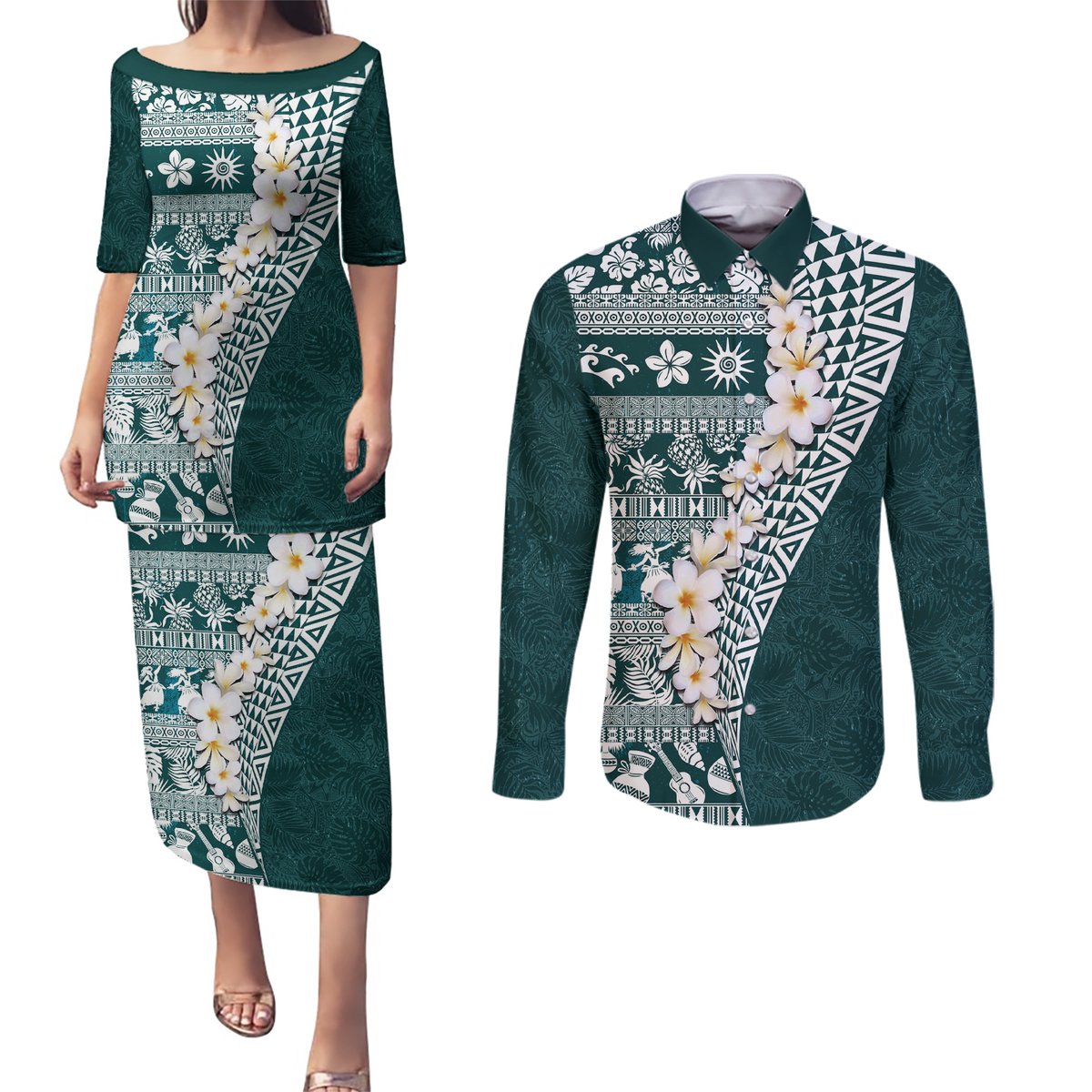 Hawaii Plumeria Tribal Vintage Couples Matching Puletasi and Long Sleeve Button Shirt Special Turquoise LT03 Turquoise - Polynesian Pride