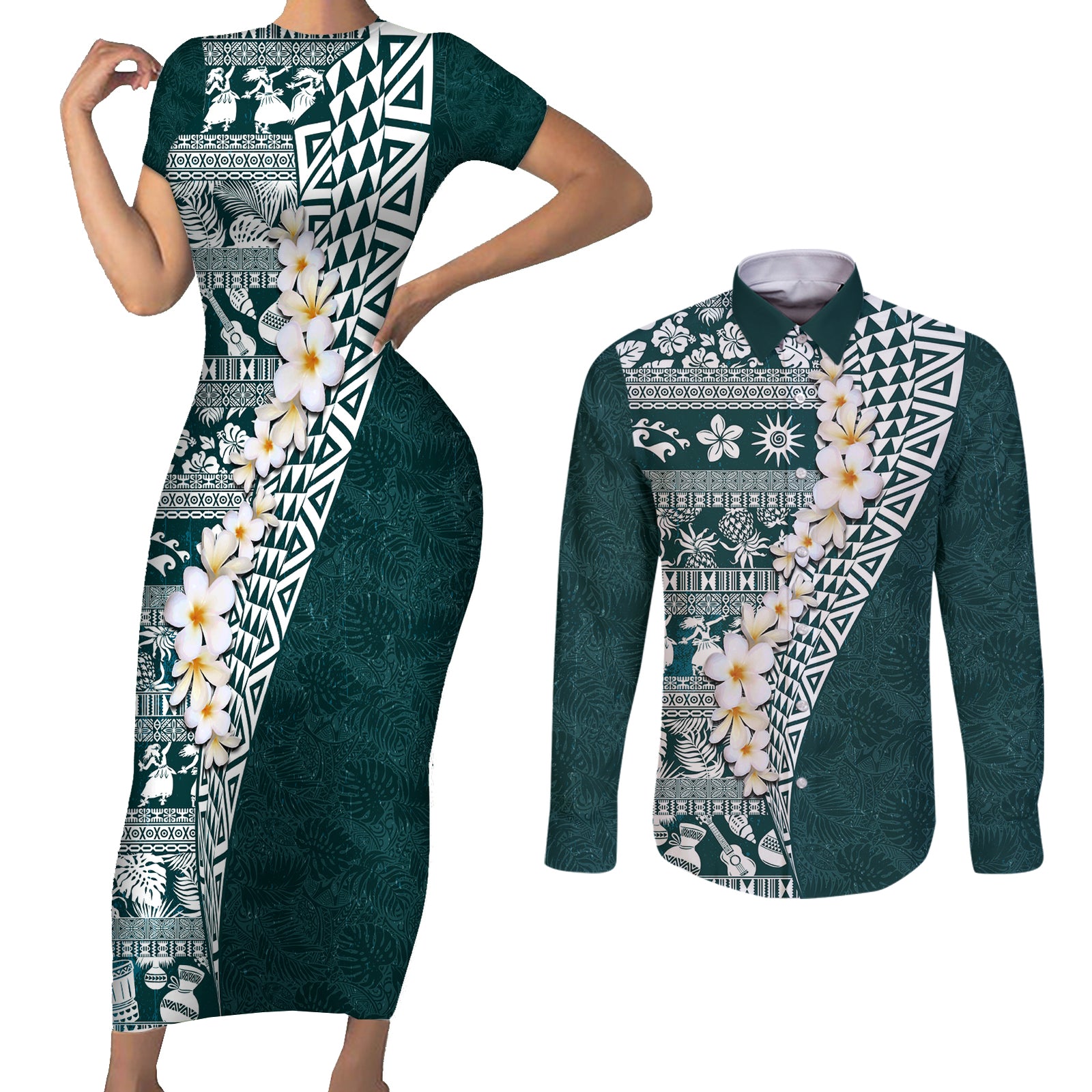 Hawaii Plumeria Tribal Vintage Couples Matching Short Sleeve Bodycon Dress and Long Sleeve Button Shirt Special Turquoise LT03 Turquoise - Polynesian Pride