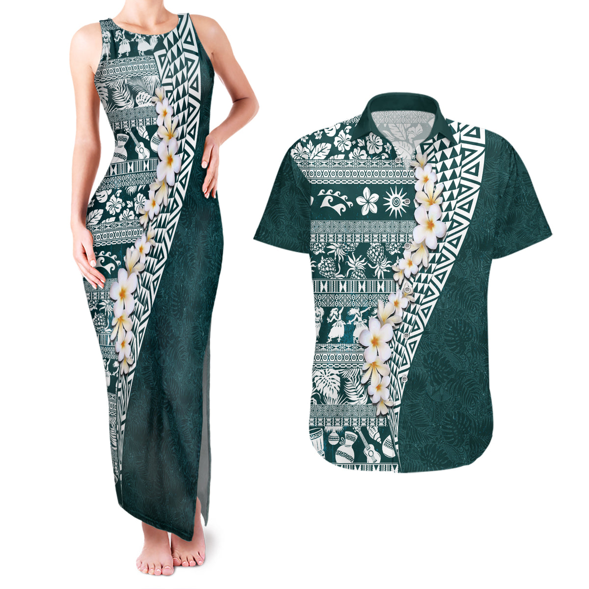Hawaii Plumeria Tribal Vintage Couples Matching Tank Maxi Dress and Hawaiian Shirt Special Turquoise
