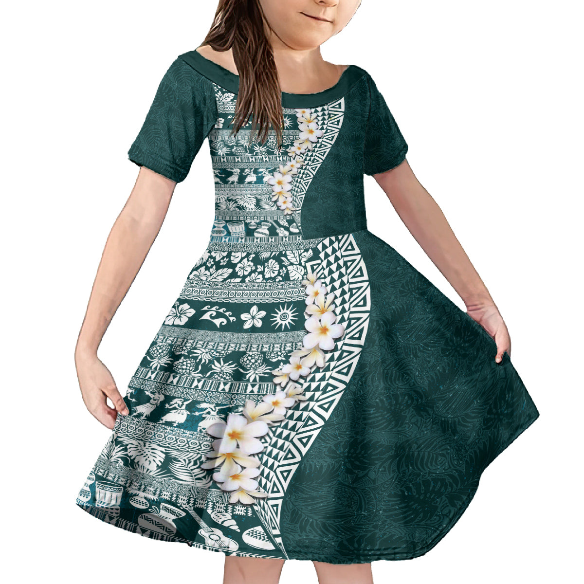 Hawaii Plumeria Tribal Vintage Family Matching Long Sleeve Bodycon Dress and Hawaiian Shirt Special Turquoise