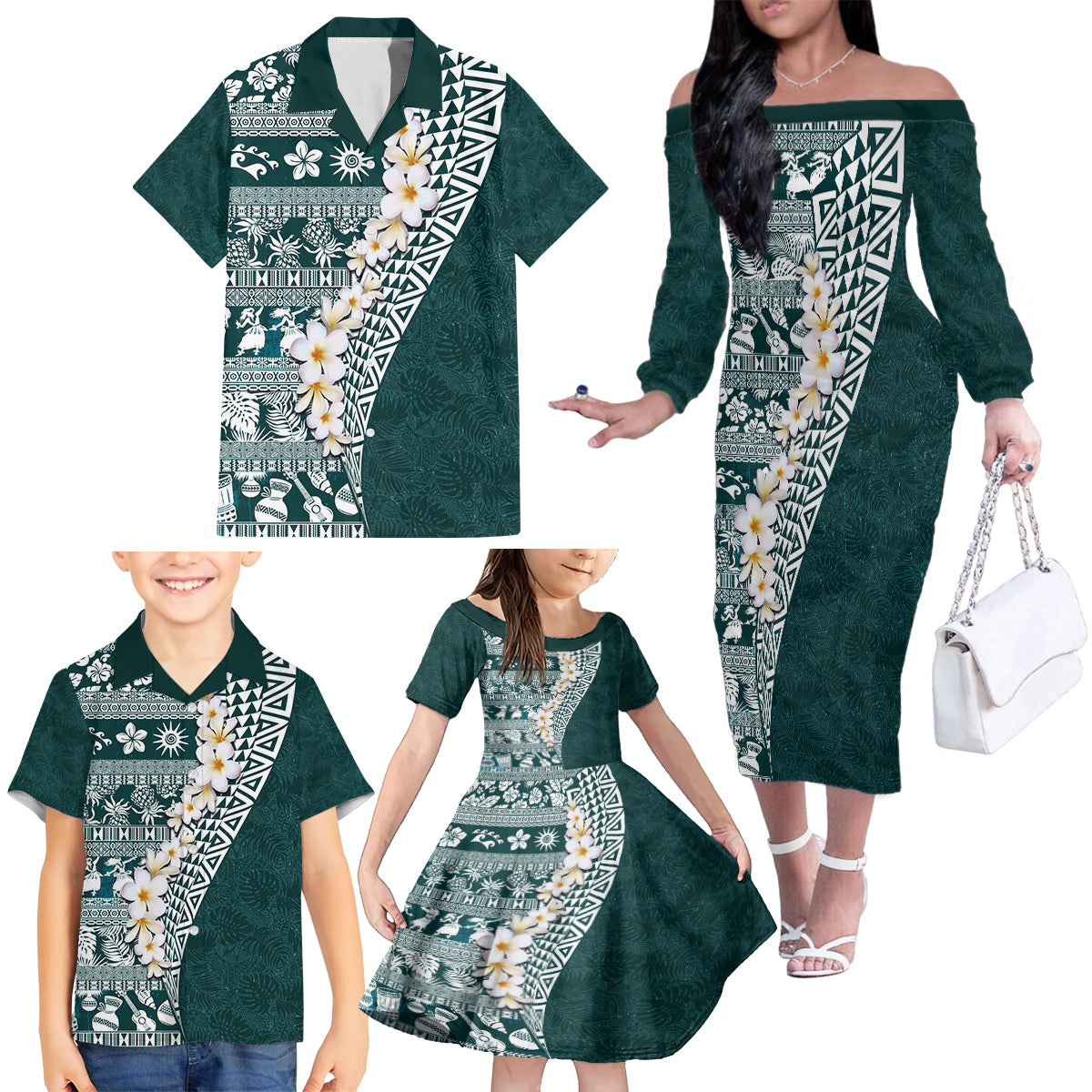 Hawaii Plumeria Tribal Vintage Family Matching Off The Shoulder Long Sleeve Dress and Hawaiian Shirt Special Turquoise LT03 - Polynesian Pride