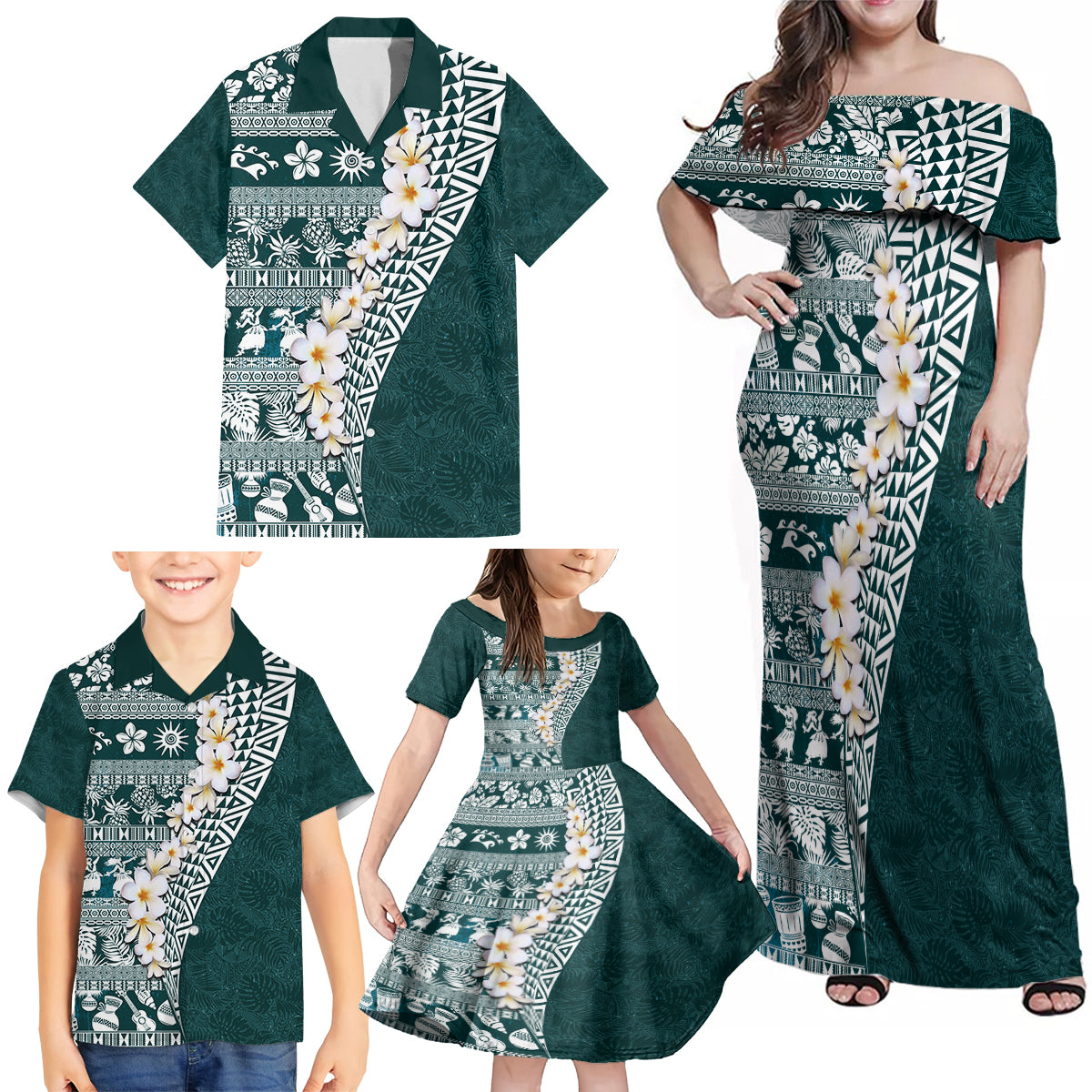 Hawaii Plumeria Tribal Vintage Family Matching Off Shoulder Maxi Dress and Hawaiian Shirt Special Turquoise