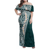 Hawaii Plumeria Tribal Vintage Family Matching Off Shoulder Maxi Dress and Hawaiian Shirt Special Turquoise