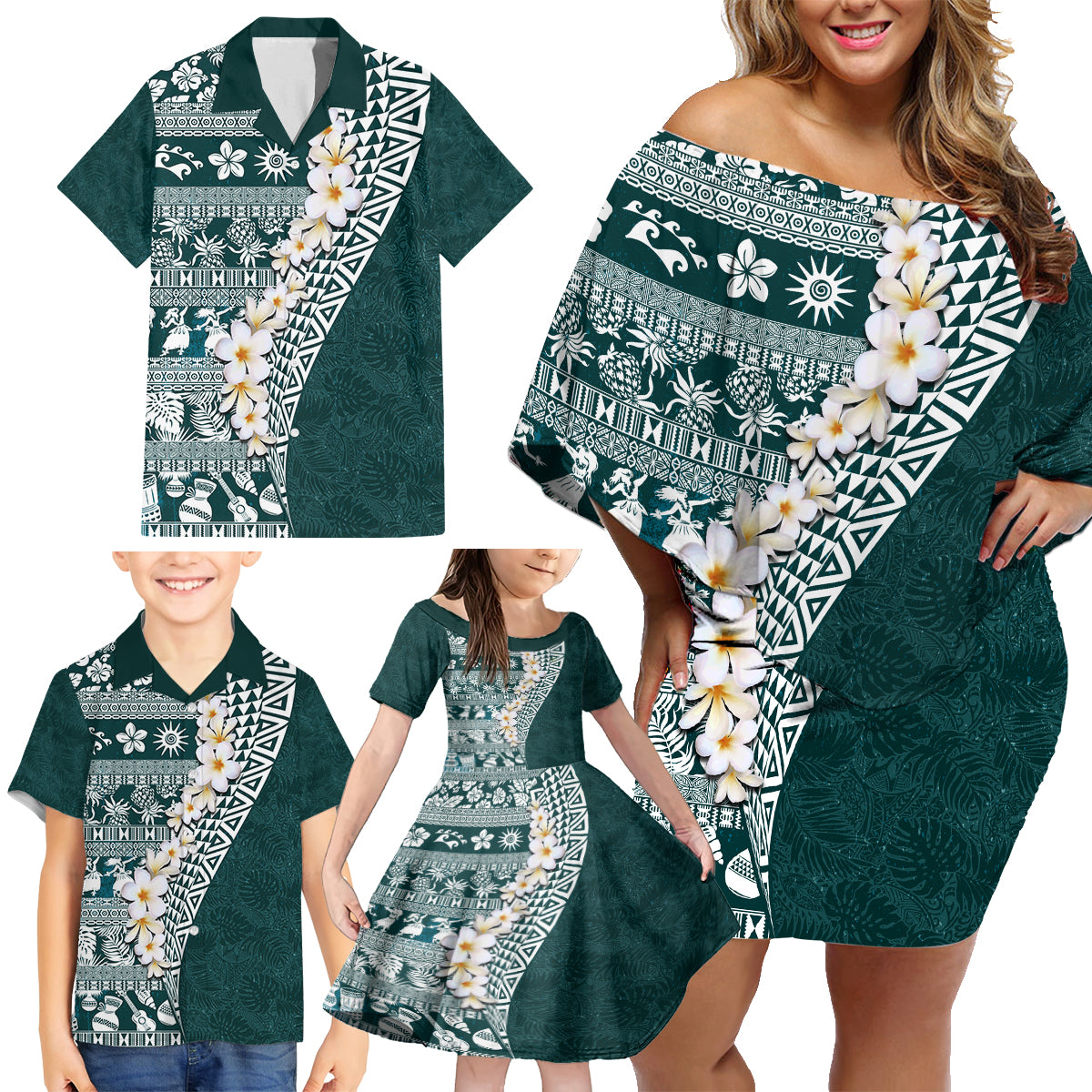 Hawaii Plumeria Tribal Vintage Family Matching Off Shoulder Short Dress and Hawaiian Shirt Special Turquoise