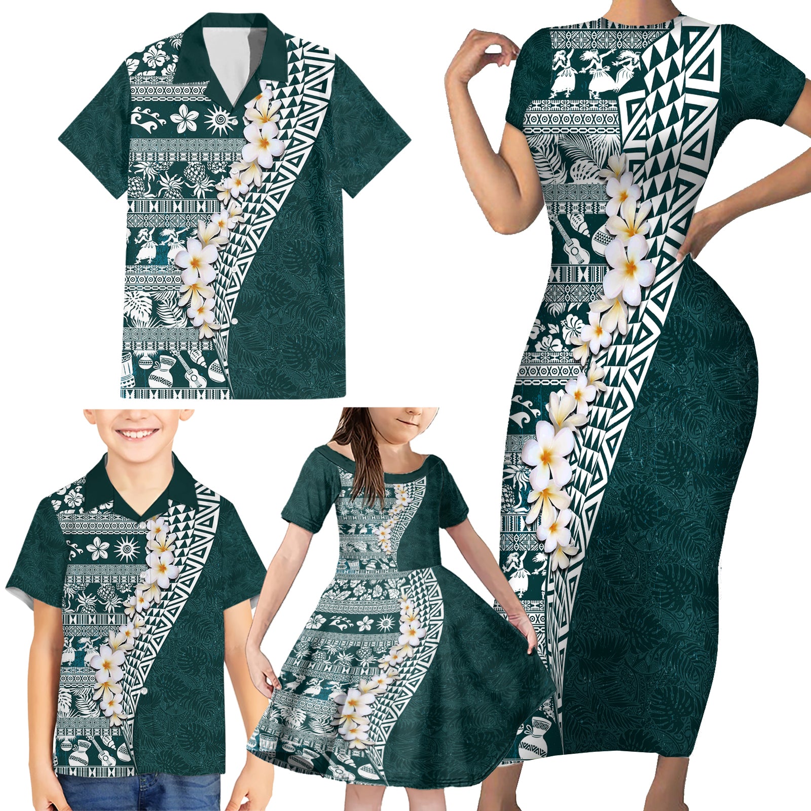 Hawaii Plumeria Tribal Vintage Family Matching Short Sleeve Bodycon Dress and Hawaiian Shirt Special Turquoise LT03 - Polynesian Pride