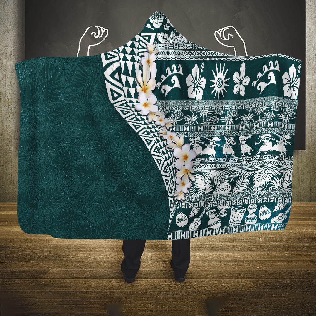 Hawaii Plumeria Tribal Vintage Hooded Blanket Special Turquoise LT03 One Size Turquoise - Polynesian Pride