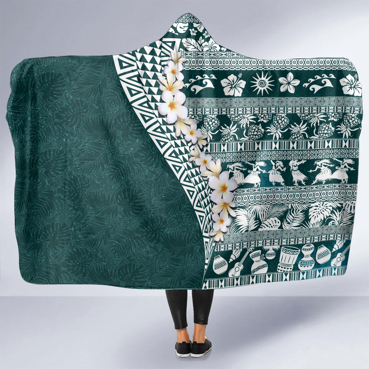 Hawaii Plumeria Tribal Vintage Hooded Blanket Special Turquoise LT03 - Polynesian Pride