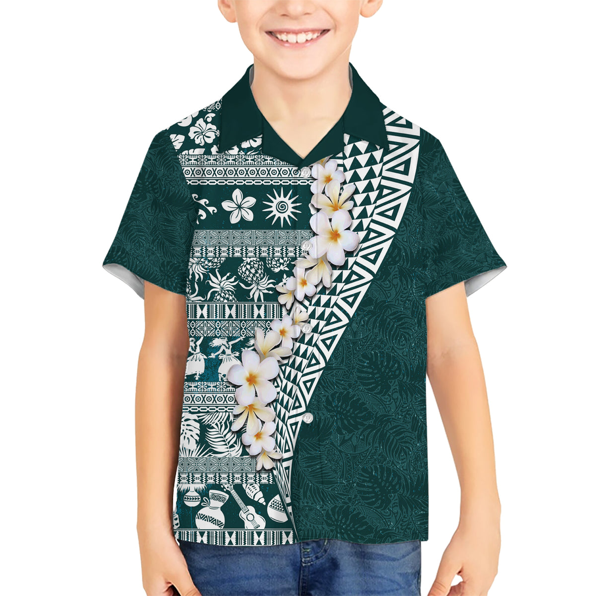 Hawaii Plumeria Tribal Vintage Kid Hawaiian Shirt Special Turquoise LT03 Kid Turquoise - Polynesian Pride
