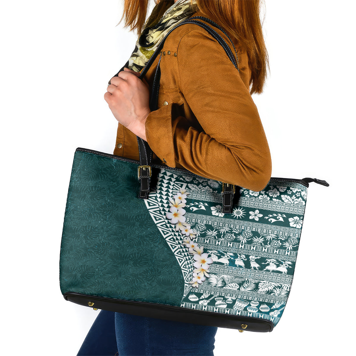 Hawaii Plumeria Tribal Vintage Leather Tote Bag Special Turquoise LT03 Turquoise - Polynesian Pride