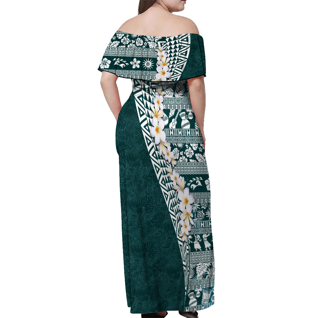 Hawaii Plumeria Tribal Vintage Off Shoulder Maxi Dress Special Turquoise LT03 - Polynesian Pride