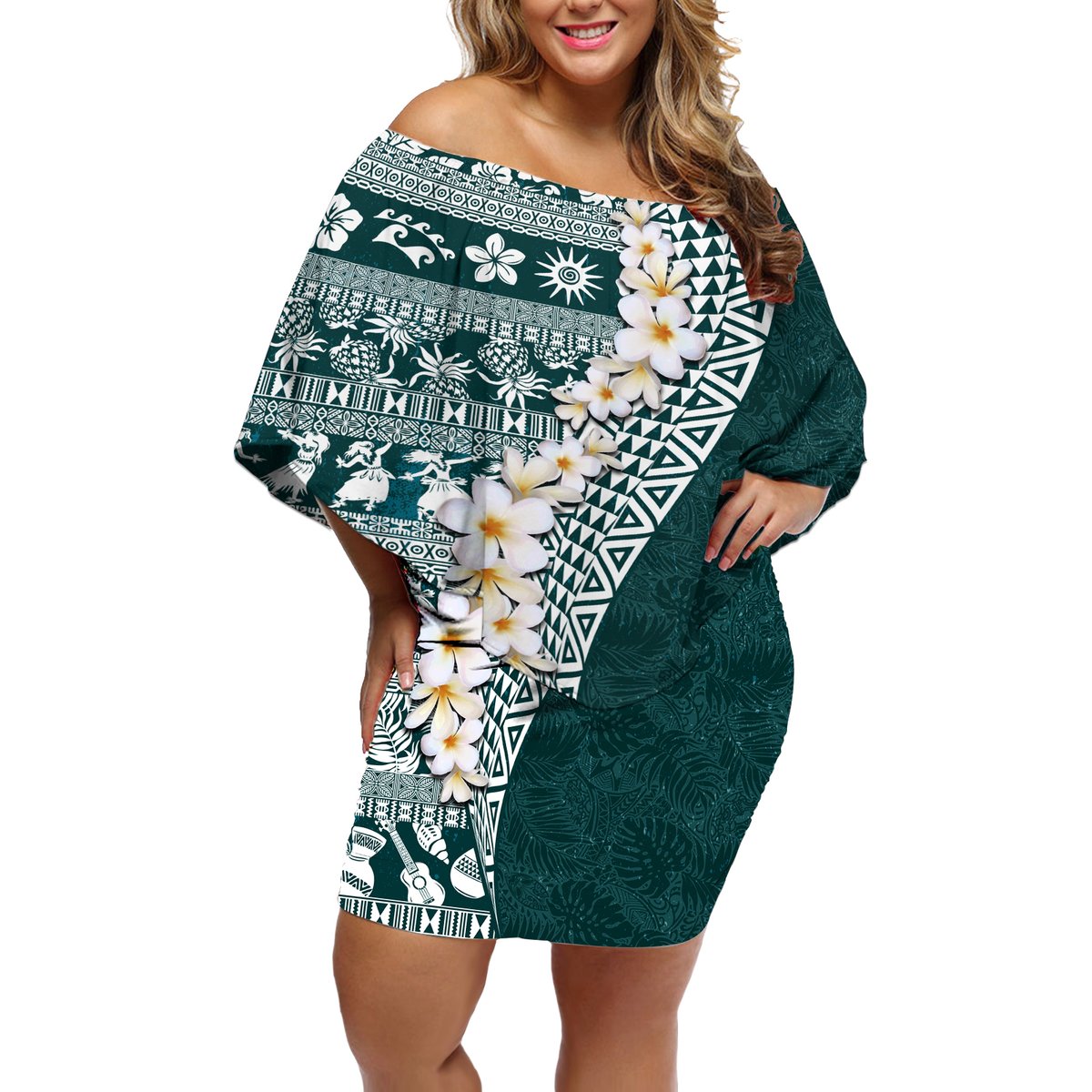 Hawaii Plumeria Tribal Vintage Off Shoulder Short Dress Special Turquoise LT03 Women Turquoise - Polynesian Pride