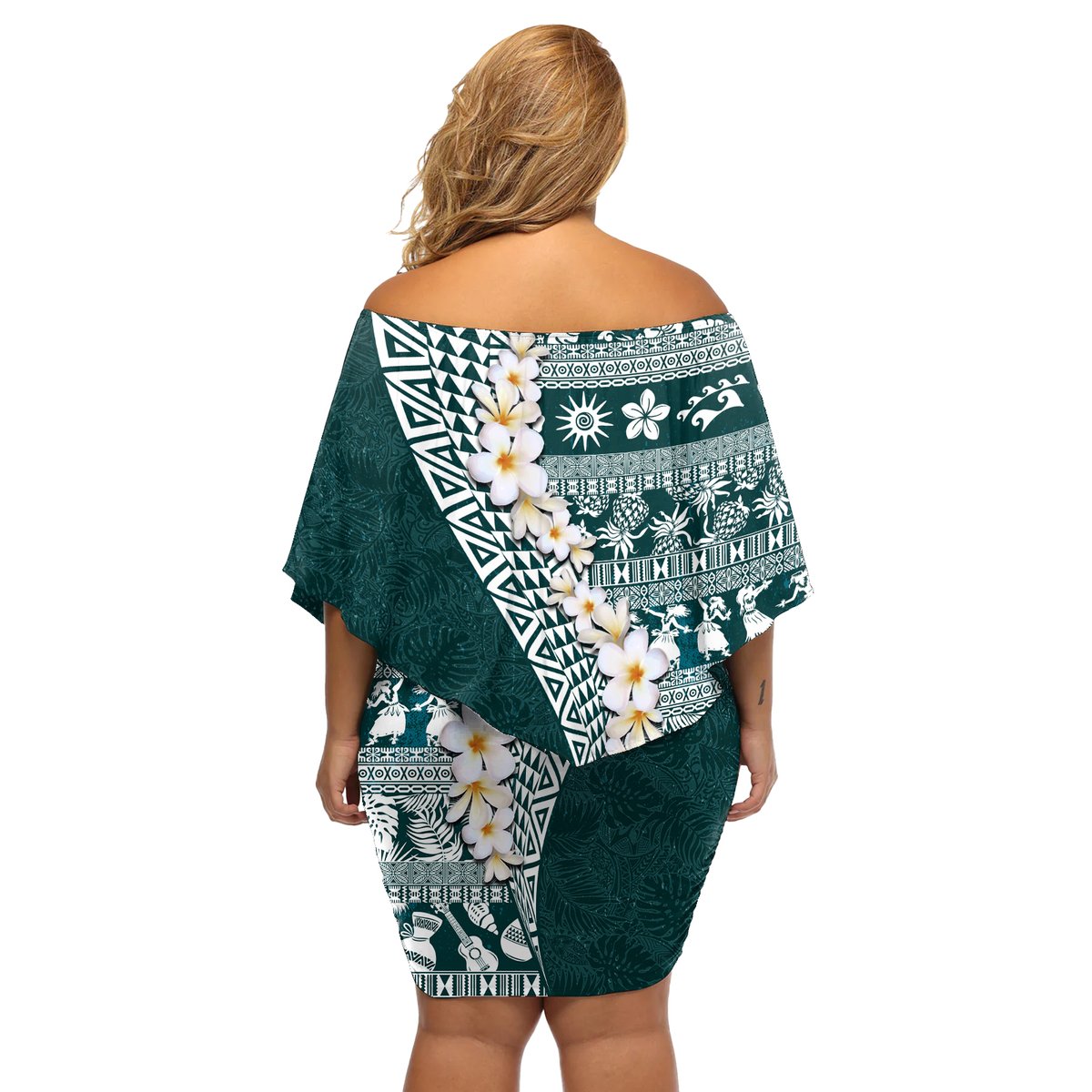 Hawaii Plumeria Tribal Vintage Off Shoulder Short Dress Special Turquoise LT03 - Polynesian Pride