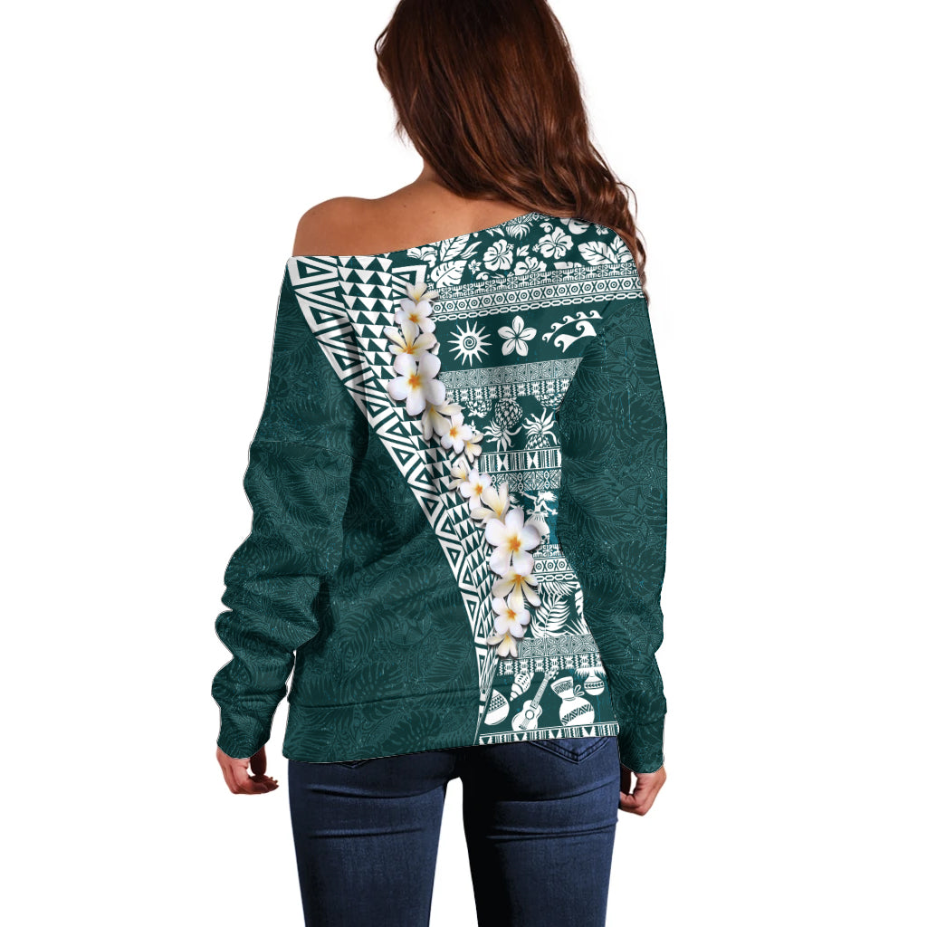 Hawaii Plumeria Tribal Vintage Off Shoulder Sweater Special Turquoise